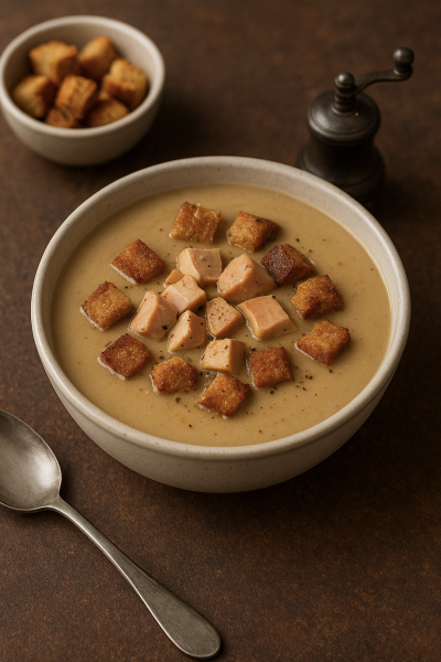 Velouté de châtaigne au foie gras & croûtons de pain d’épices à La Compagnie Fermière